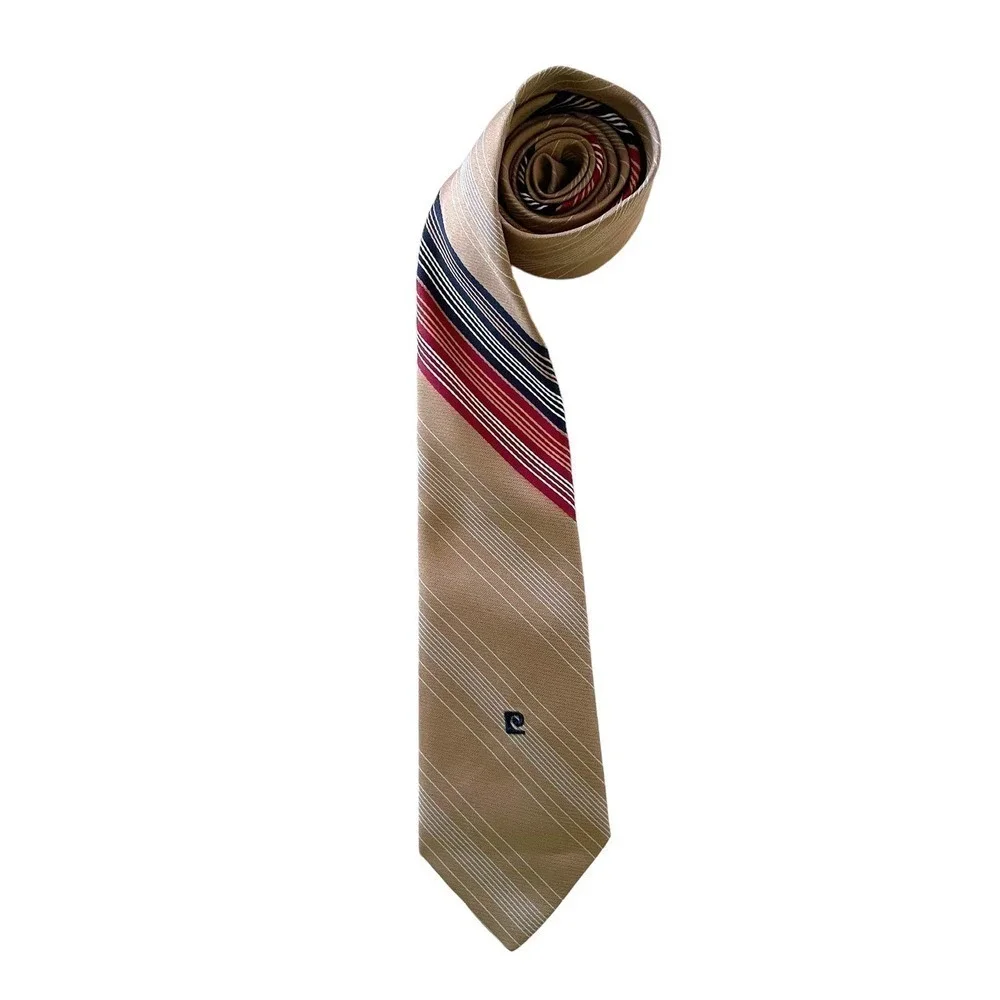 Vintage Pierre Cardin Embroidered Logo Striped Tan Polyester Tie